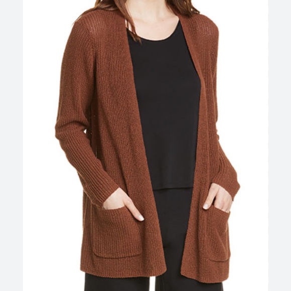 Eileen Fisher Sweaters - Eileen Fisher Open Front Cardigan Organic Linen Cotton Pocket Brown Knit Sweater